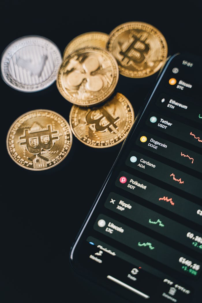 Services Visual of Bitcoin with a phone displaying cryptocurrency market trends.